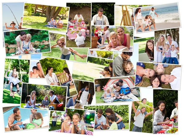 Collage av söta familjer ha kul — Stockfoto