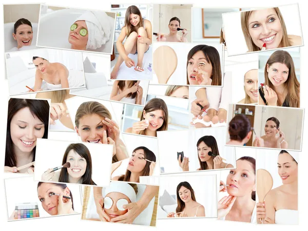 Collage of cute women doing their makeup — Stock Photo, Image
