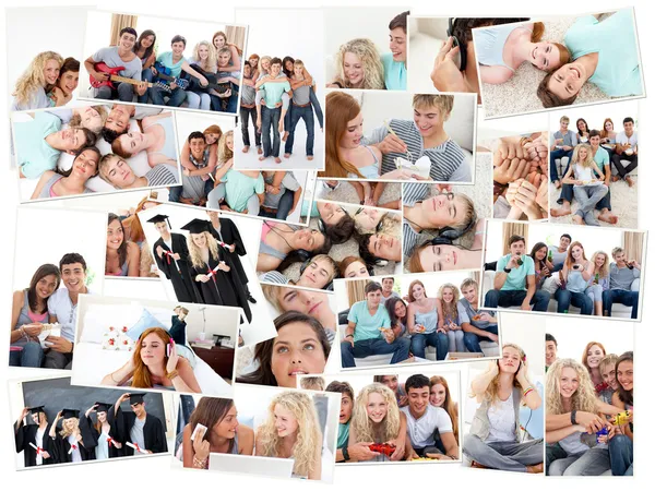 Collage von Gruppen von Jugendlichen, die zusammen Spaß haben — Stockfoto