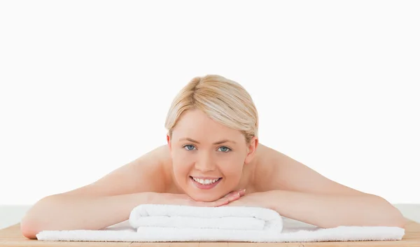 Young attractive blonde female posing in a spa centre — Stock Photo, Image