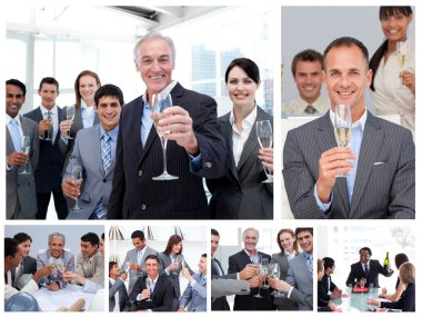 Collage of business celebrating success with champagne clipart