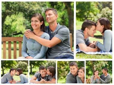 Collage of a lovely couple enjoying moments together in a park clipart