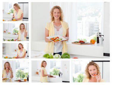 Collage of a beautiful woman cooking and eating some vegetables clipart