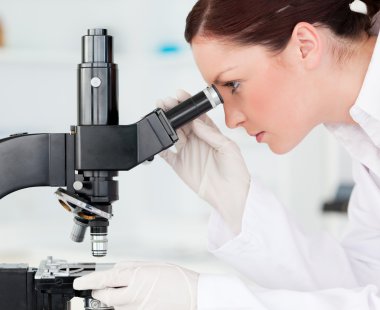 Attractive red-haired scientist looking through a microscope clipart