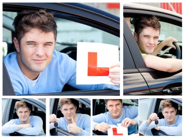 Happy teenage boy showing holding a modern car key and a learner clipart