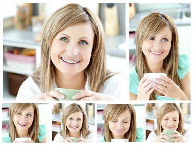 Collage of a young woman drinking a cup of coffeein the living r clipart