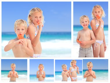 Collage of children eating ice cream on the beach clipart