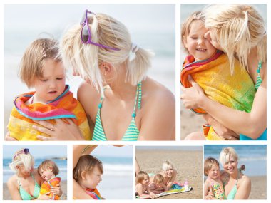 Collage of a mother with her chlidren on the beach clipart