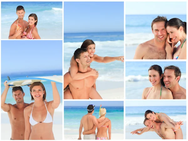 Collage von schönen Paaren, die Spaß am Strand haben — Stockfoto