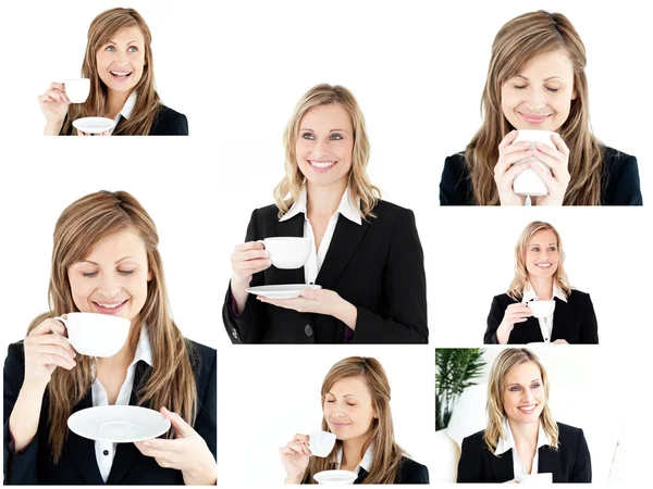 Collage of two blonde women enjoying some coffee — Stock Photo, Image