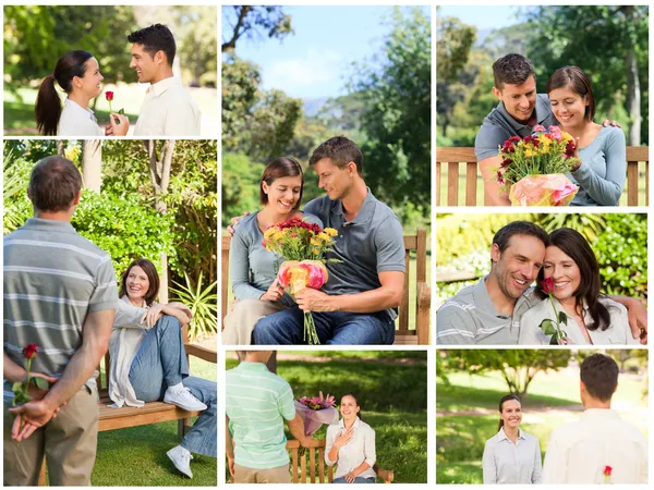 Collage av härliga par njuter en stund tillsammans i en park — Stockfoto