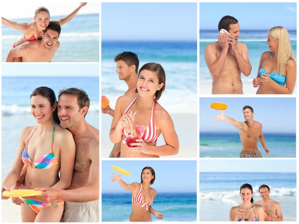 Коллаж прекрасных пар, наслаждающихся моментом вместе на пляже — стоковое фото