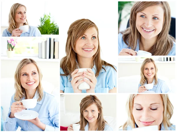 Iki sarışın kadınlar evde kahve keyfi kolaj — Stok fotoğraf