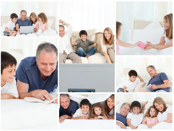 Collage de una familia disfrutando de momentos juntos en casa — Foto de Stock