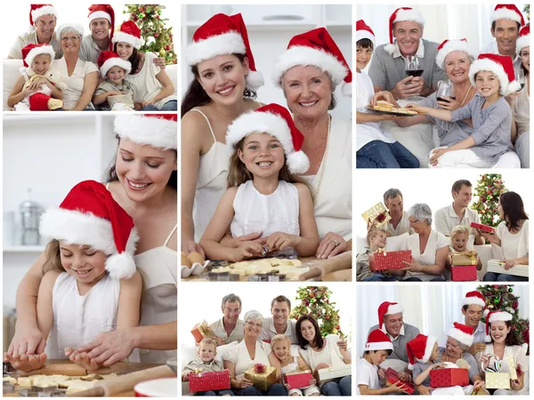 Collage van gezinnen die genieten van viering momenten samen op hom — Stockfoto