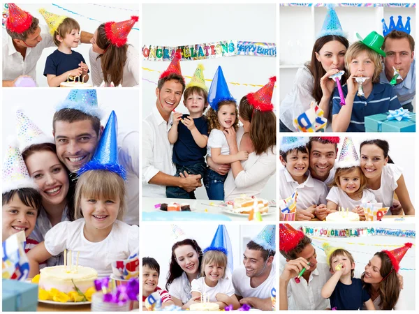 Koláž rodin slaví narozeniny společně doma — Stock fotografie