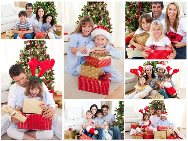 自宅で一緒にクリスマスを祝う家族のコラージュ — ストック写真