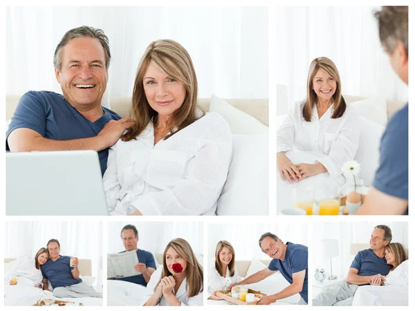 Colagem um lindo casal desfrutando de momentos juntos em casa — Fotografia de Stock