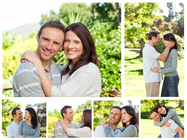 Kollázs, egy szép pár élvezi egy pillanatra együtt egy parkban — Stock Fotó