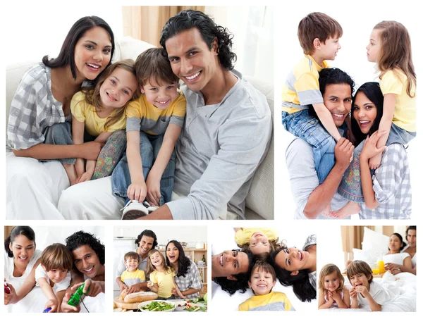 Collage einer Familie, die gemeinsam Momente zu Hause genießt — Stockfoto