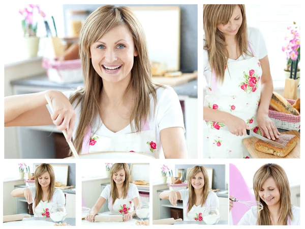Collage einer schönen Frau, die zu Hause kocht — Stockfoto
