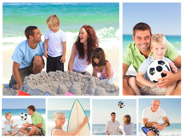 Collage av familjemedlemmar på en strand — Stockfoto