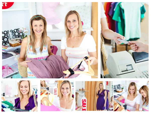 Collage de dos mujeres atractivas haciendo compras — Foto de Stock