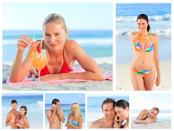 可爱夫妇和有吸引力的女性在海滩上的抽象拼贴画 — 图库照片