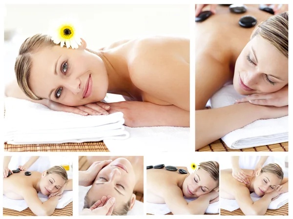 Collage de una joven atractiva siendo masajeada — Foto de Stock