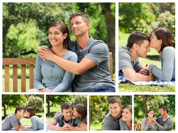 Collage de una encantadora pareja disfrutando de momentos juntos en un parque — Foto de Stock