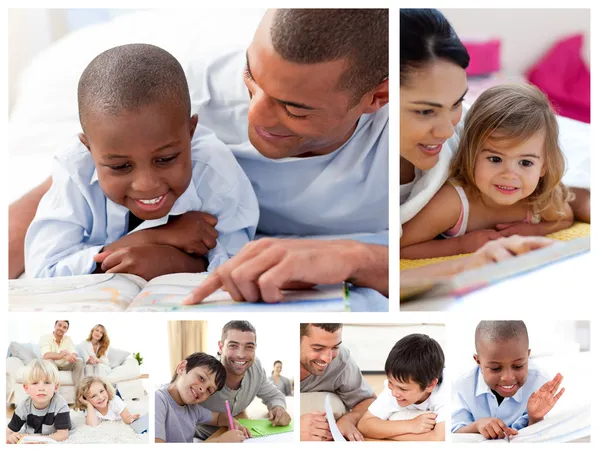 Colagem de pais educando crianças em casa — Fotografia de Stock