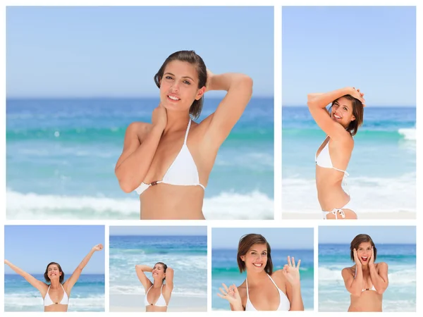 Коллаж привлекательной брюнетки, позирующей на пляже — стоковое фото