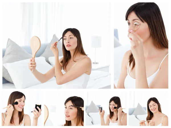 Collage van een aantrekkelijke brunette vrouw zetten make-up op — Stockfoto