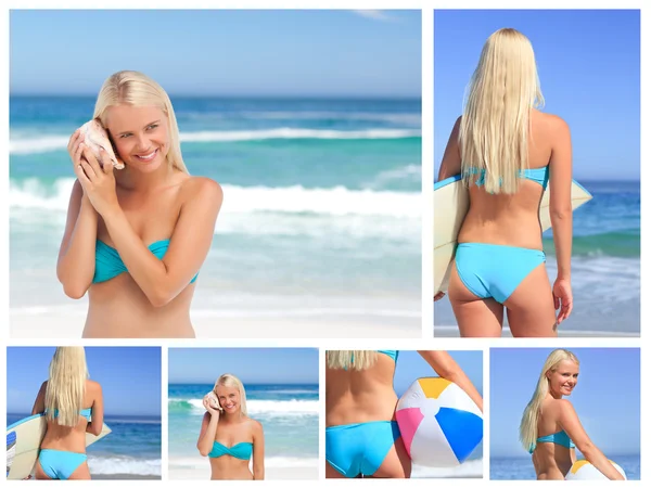 Коллаж привлекательной блондинки, позирующей на пляже — стоковое фото