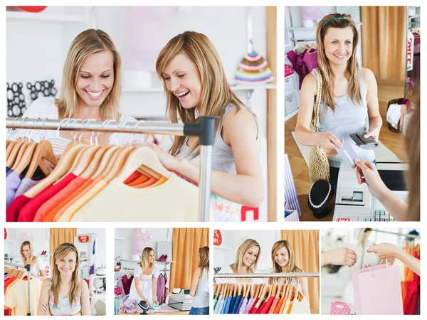 Colagem de duas mulheres bonitas fazendo compras — Fotografia de Stock