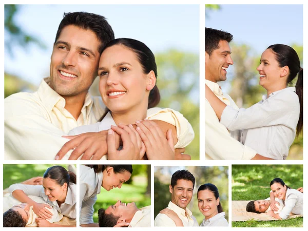 Collage van een liefhebbers genieten van een moment samen in een park — Stockfoto