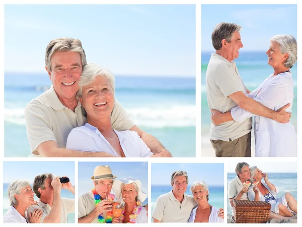 Collage di una coppia anziana che si gode momenti su una spiaggia — Foto Stock