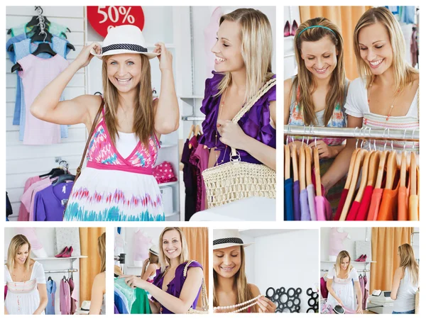 Коллаж из двух улыбающихся женщин, делающих покупки — стоковое фото