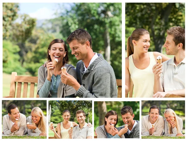 Collage von schönen Paaren, die in einem Park Eis essen — Stockfoto