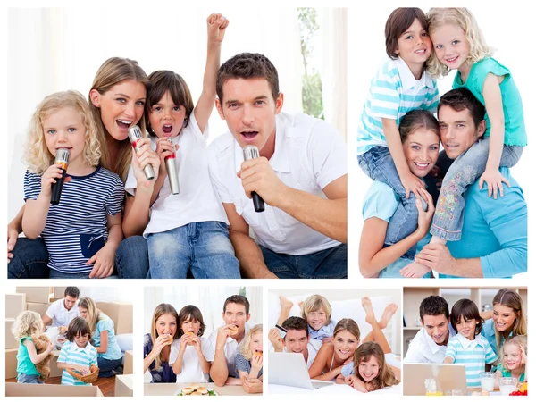 Collage av en familj som delar ögonblicken tillsammans hemma — Stockfoto