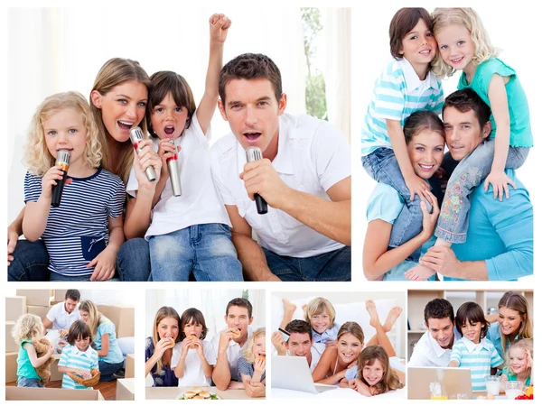 Colagem de uma família compartilhando momentos juntos em casa — Fotografia de Stock