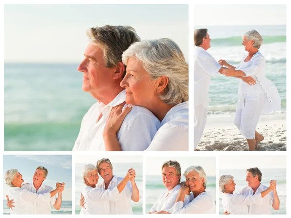 Collage av ett äldre par dela goda stunder tillsammans på en — Stockfoto