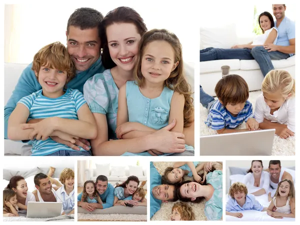 Collage de una familia pasando momentos de bienes juntos en casa — Foto de Stock