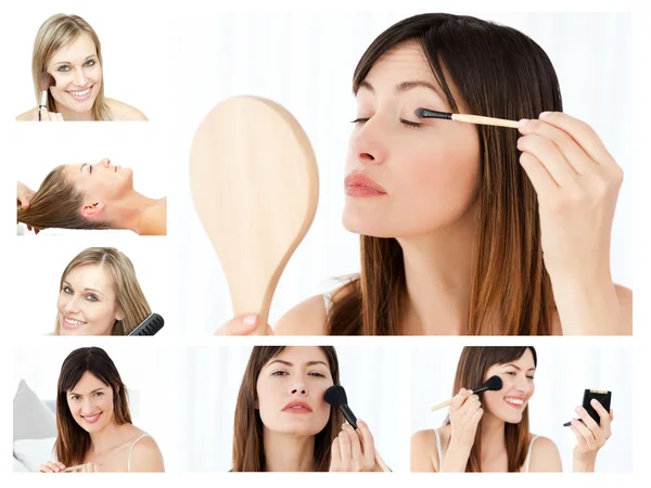 Коллаж красивых женщин, накладывающих макияж — стоковое фото