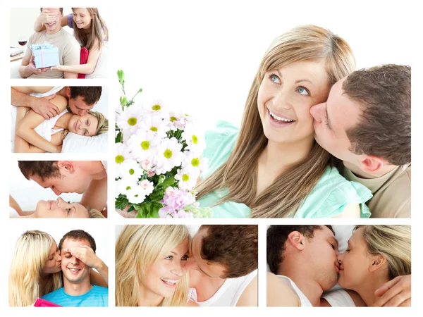 Collage van mooie paren omhelzen en kussen — Stockfoto