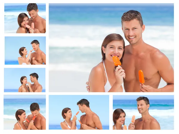 Collage di una bella coppia che mangia alcuni gelati su una spiaggia — Foto Stock