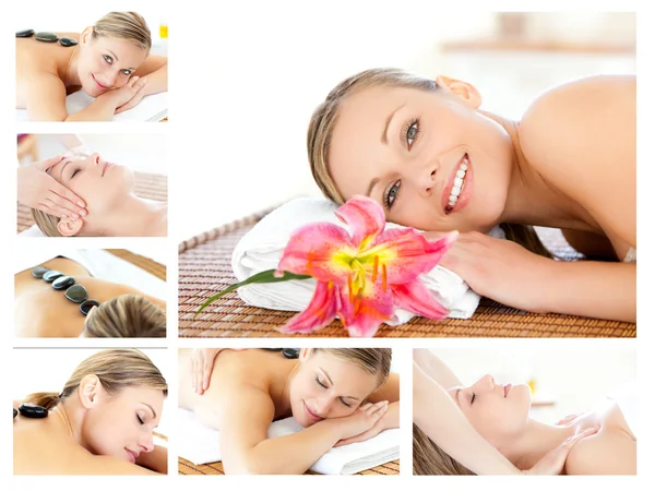 Collage of a young girl being massaged while relaxing — Stock Photo, Image