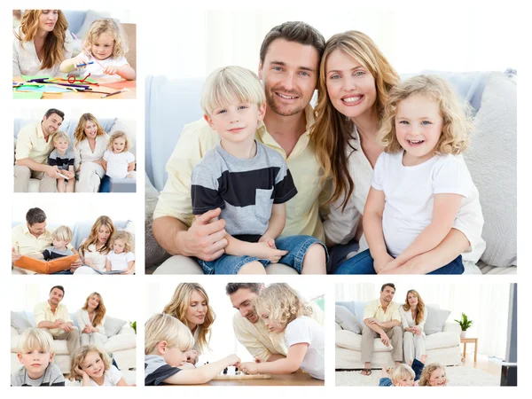 Collage de una familia pasando momentos de bienes juntos y posando un —  Fotos de Stock