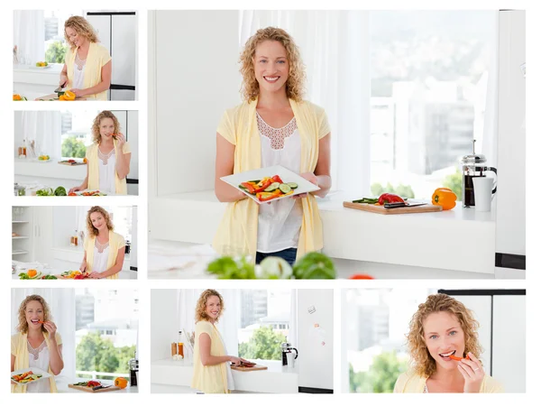 Collage di una bella donna che cucina e mangia alcune verdure — Foto Stock