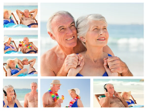 Коллаж пожилой пары, проводящей время вместе на пляже — стоковое фото